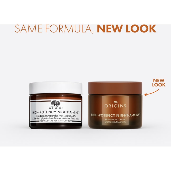 Origins High-Potency Night-A-Mins 50 ml peeling nattkräm med aha-fruktsyror visar gammal kontra ny förpackning