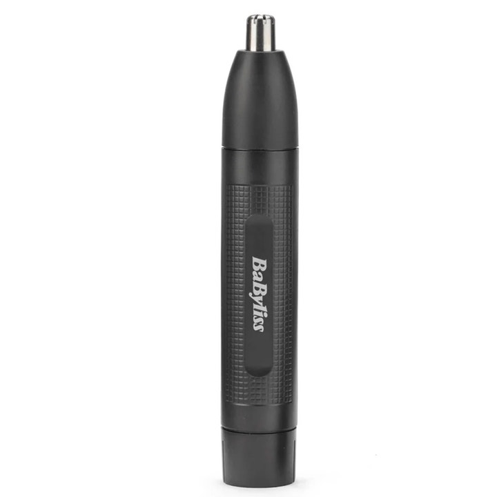 BaByliss näshårstrimmer E650E tar bort oönskat hår och är en svart matt näs trimmer med mönstrat grepp och silvertopp.