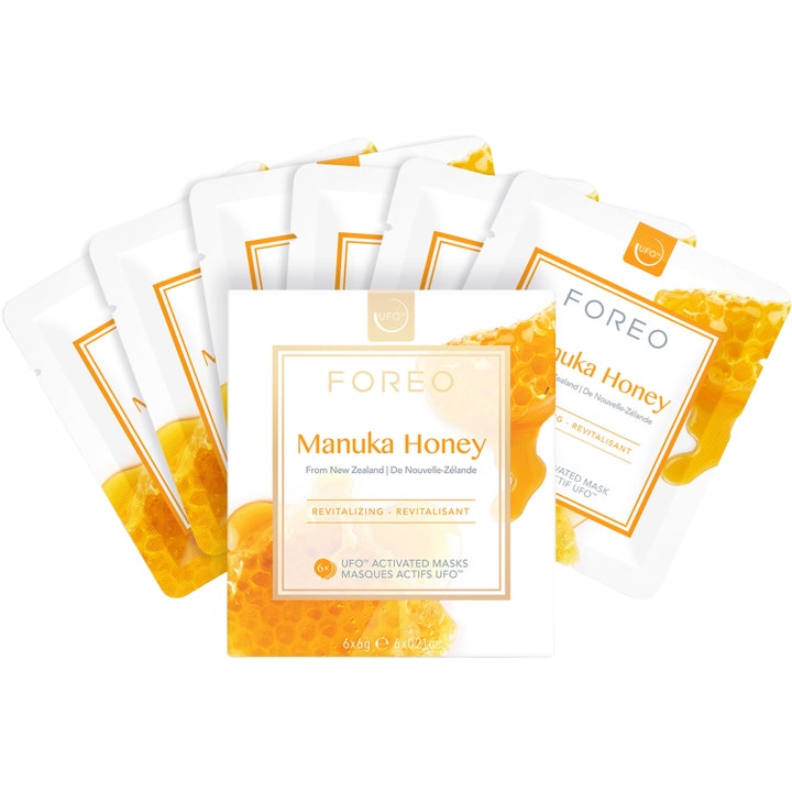 FOREO UFO Mask Manuka Honey 36 g naturlig ansiktsmask med honung i sexpack dospåsar med motiv av honungskaka.