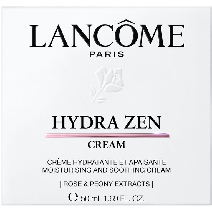 Lancôme Hydra Zen Anti-Stress 50 ml lugnande och återfuktande ansiktskräm i vit ytterförpackning med rosa detaljer.