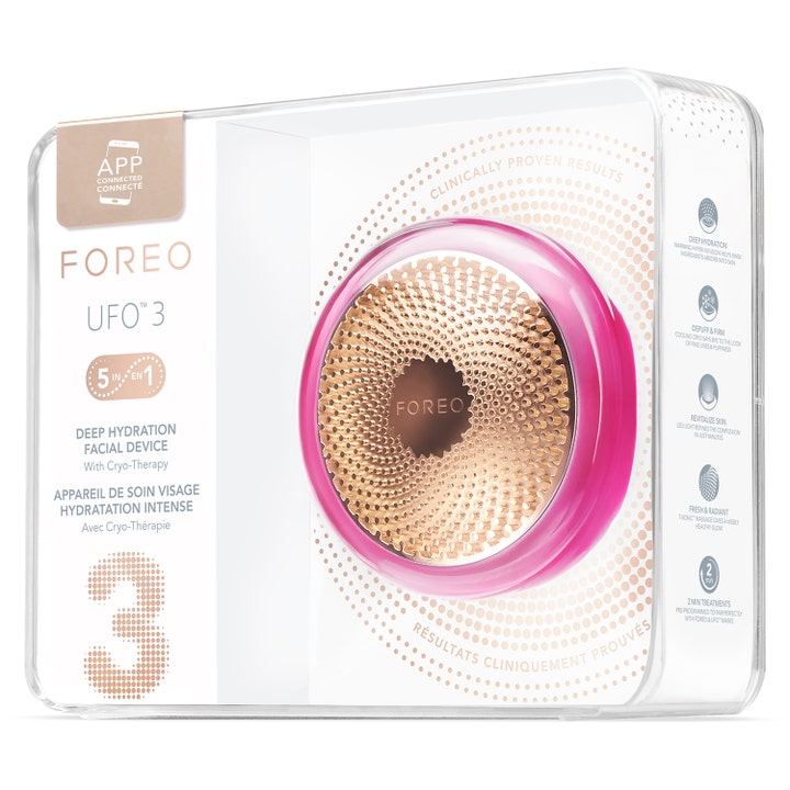 FOREO UFO 3 Fuchsia 1 st lyxig återfuktande hudvårdsteknologi i transparent förpackning med guldiga detaljer