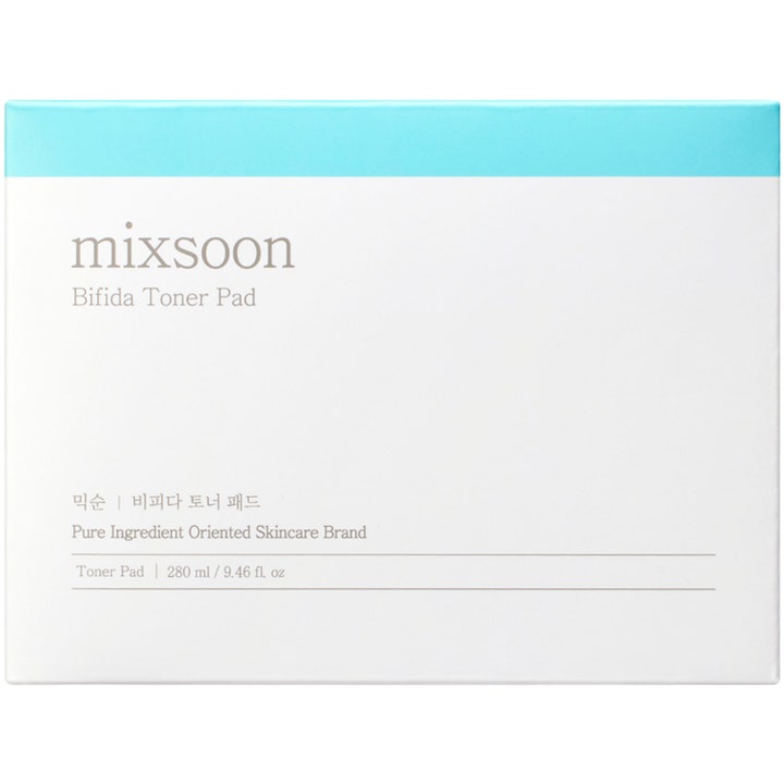 Mixsoon Bifida Toner Pad 120 st stärkande ansiktsvård toner pads i vit box med en ljusblå rand