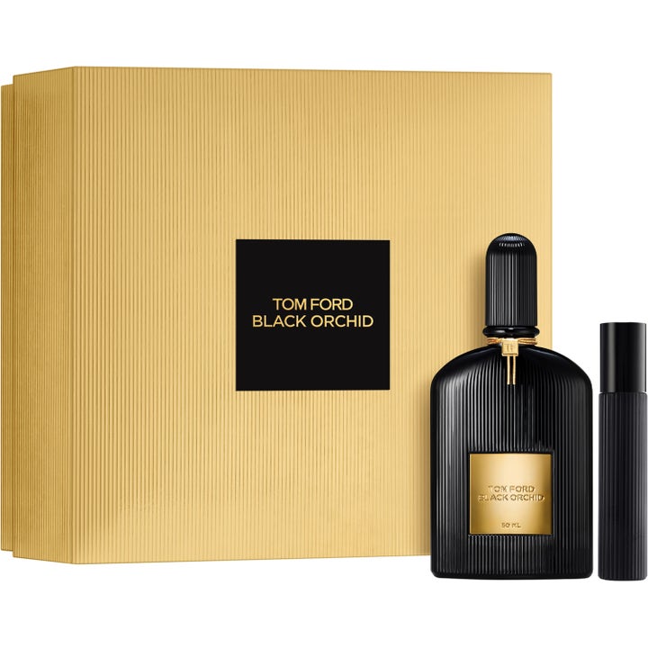 Tom Ford Black Orchid gift set 50ml och 10ml Eau de Parfum i svart räfflad flaska framför guldgul box
