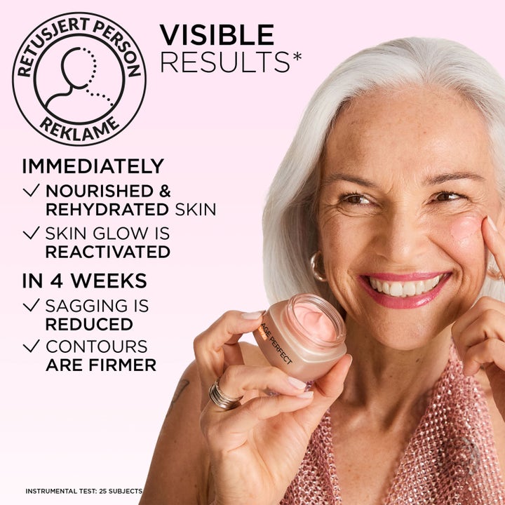 L'Oréal Paris Age Perfect Golden Age 50 ml dagkräm ger lyster åt mogen hy när kvinna applicerar rosa kräm på kinden.