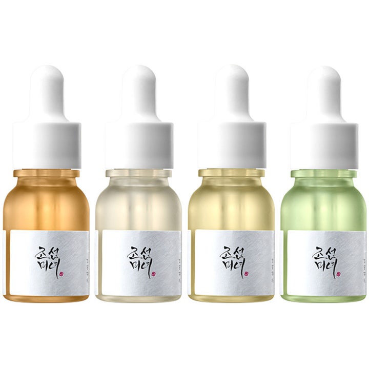 Beauty of Joseon Hanbang Serum Discovery Kit 4x10ml fuktgivande ansiktsserum set i frostade glasflaskor med vita pipetter.