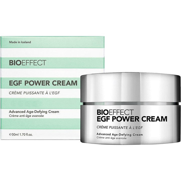 Bioeffect EGF Power Cream 50 ml åldersbekämpande EGF ansiktskräm i silverburk bredvid grön och vitrandig ask