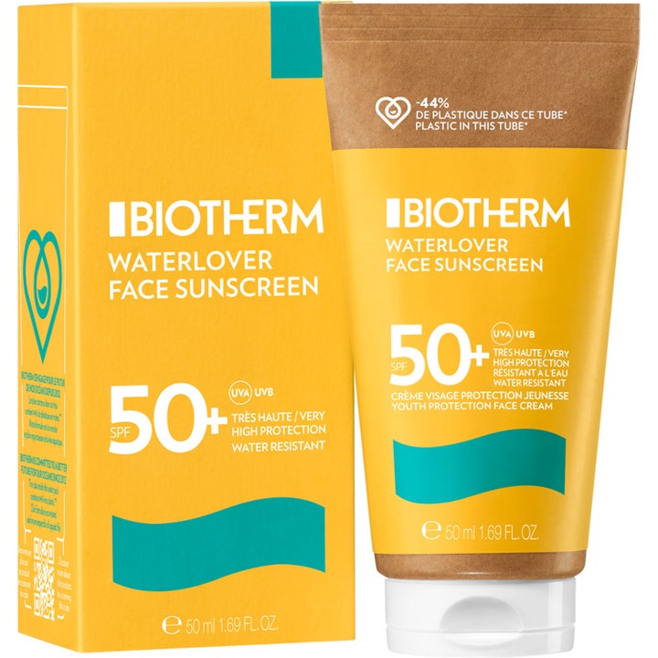Biotherm Waterlover Sunscreen SPF50 50 ml i miljövänlig tub som motverkar ålderstecken och skyddar ansiktet.