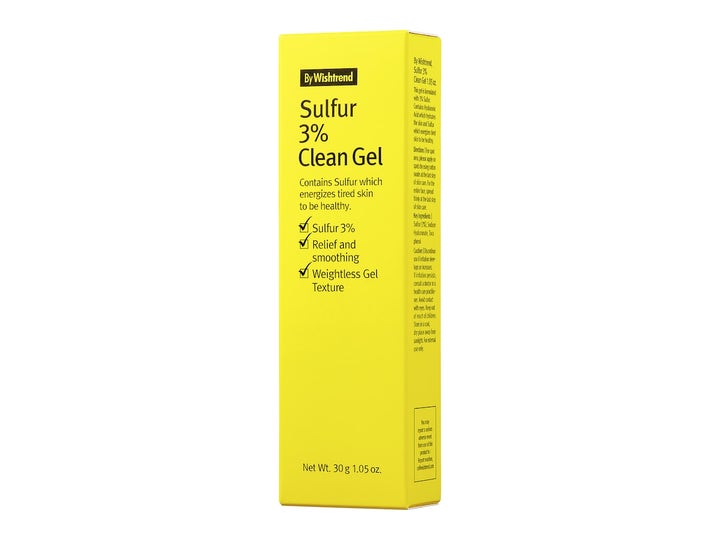 By Wishtrend Sulfur 3% Clean Gel 30 ml acnegel i gul ytterförpackning som lugnar fet hy