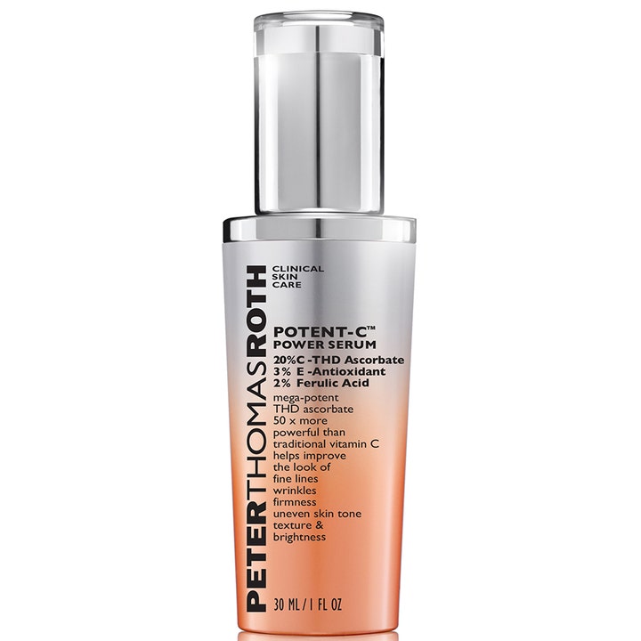 Peter Thomas Roth Potent-C Power Serum 30 ml c vitamin serum för fastare hud i en silverfärgad och orange pumpflaska
