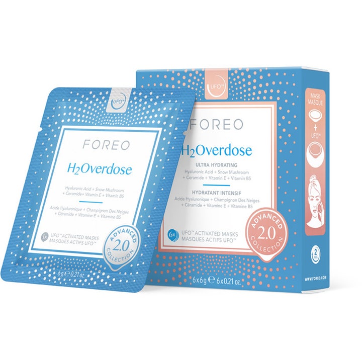 FOREO H2Overdose 6x6g fuktgivande ansiktsmask FOREO för avancerad hyaluronsyra hudvård i blå prickig box och dospåse