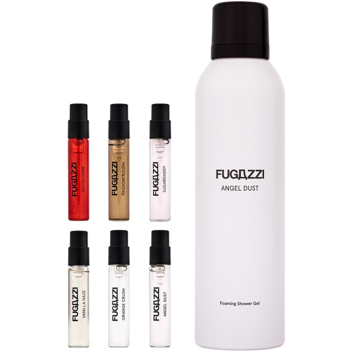 Fugazzi Fugazze Bestseller Set 262 ml kroppsvård med en vit Angel Dust foaming shower gel och sex parfymprover.