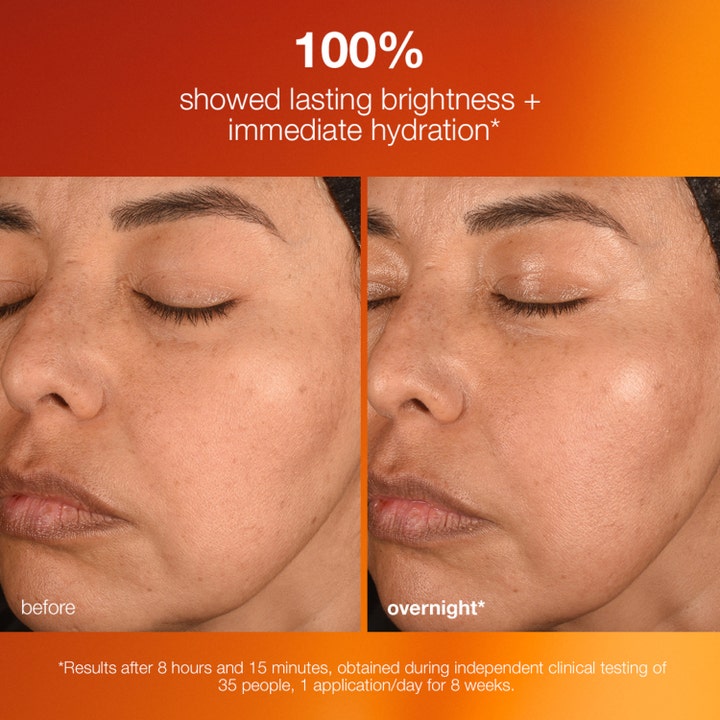 Dermalogica Biolumin-C Night Restore 25 ml serum före och efter bilder som visar lyster och återfuktad hud.