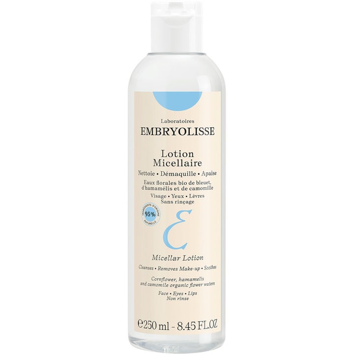 Embryolisse Lotion Micellaire 250 ml mild ansiktsrengöring blåklint i en genomskinlig flaska som effektivt lugnar huden.