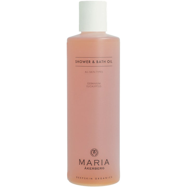 Maria Åkerberg Shower & Bath Oil mjukgörande duscholja ekologisk med eukalyptusolja i en frostad plastflaska för aromabad.