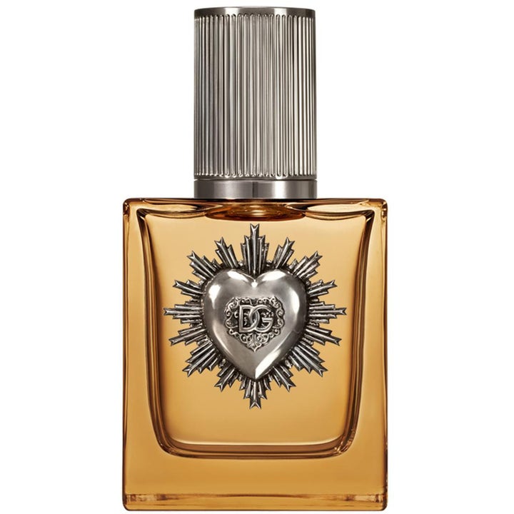 Dolce & Gabbana Devotion Pour Homme Parfum 50 ml herrparfym i glasflaska med silvrigt hjärta och bärnstensfärgad vätska