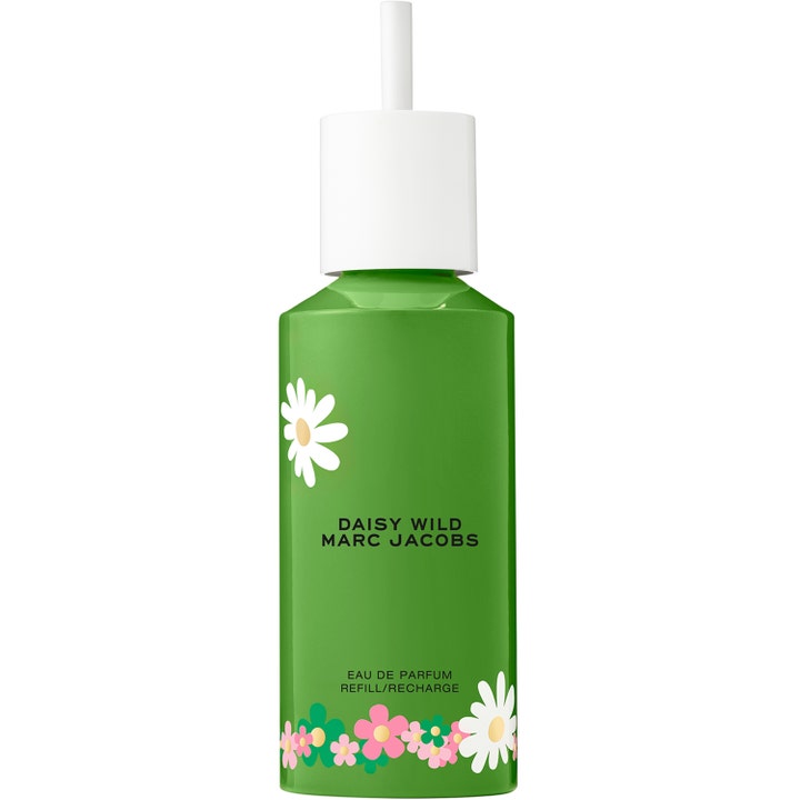 Marc Jacobs Daisy Wild 150ml eau de parfum refill i en grön flaska med vita och rosa blommor och vit kork
