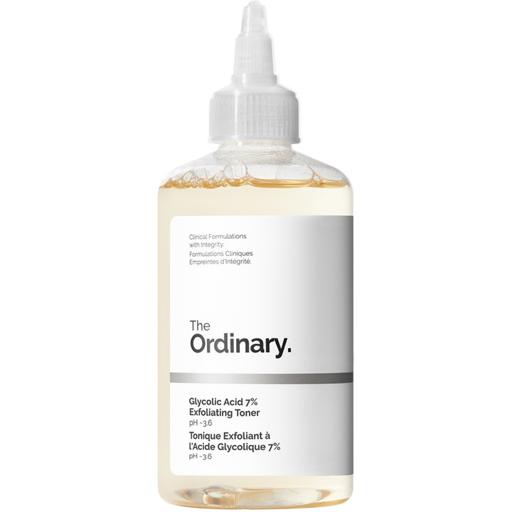 The Ordinary Glycolic Acid 7% Exfoliating Toner 240ml ansiktspeeling exfolierande i klar flaska med spetsig kork.