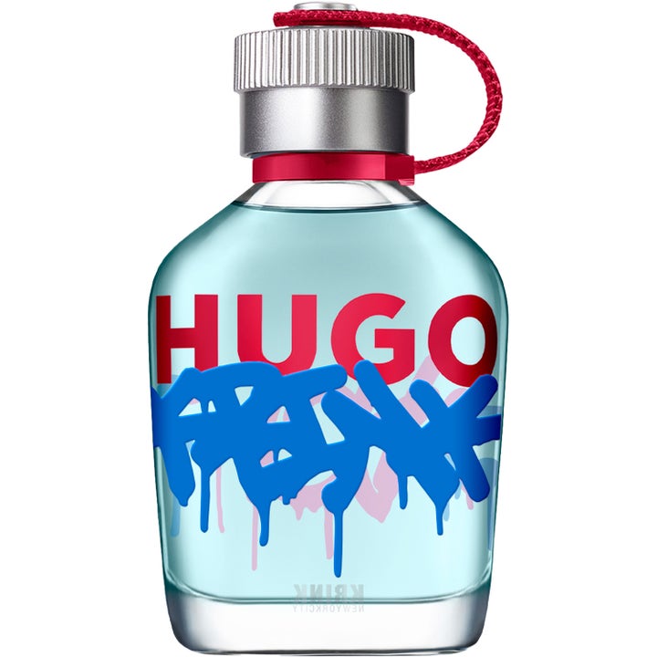 Hugo Boss Krink X Hugo Eau de Parfum 75 ml herrparfym i glasflaska med blå graffiti och silverfärgat lock