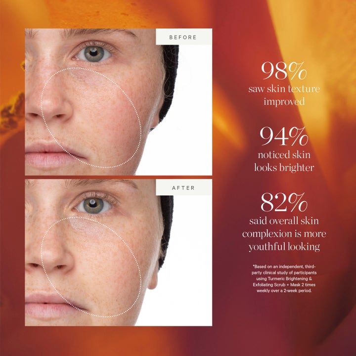 KORA Organics Turmeric Scrub & Mask 30 ml gurkmeja ansiktsmask visar före och efter bilder för ökad lyster.