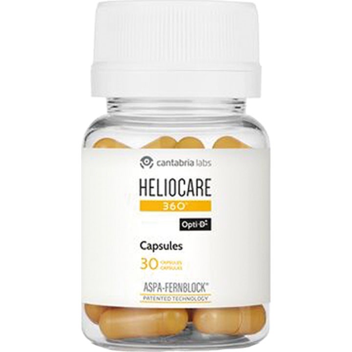 Heliocare 360 Capsules 30 st kosttillskott som ger huden skydd i en genomskinlig burk med gula kapslar