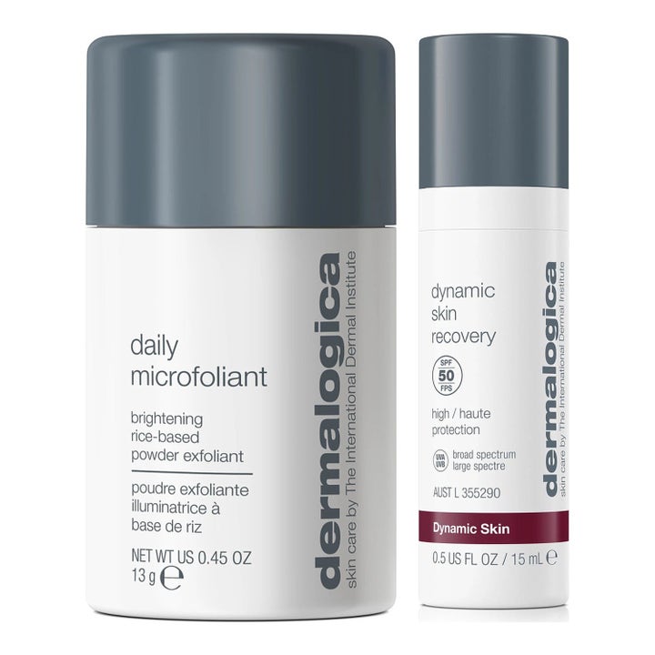 Dermalogica Daily Microfoliant 13g och Dynamic Skin Recovery 15ml ger lyster och skydd i vita flaskor med mörkgrå lock