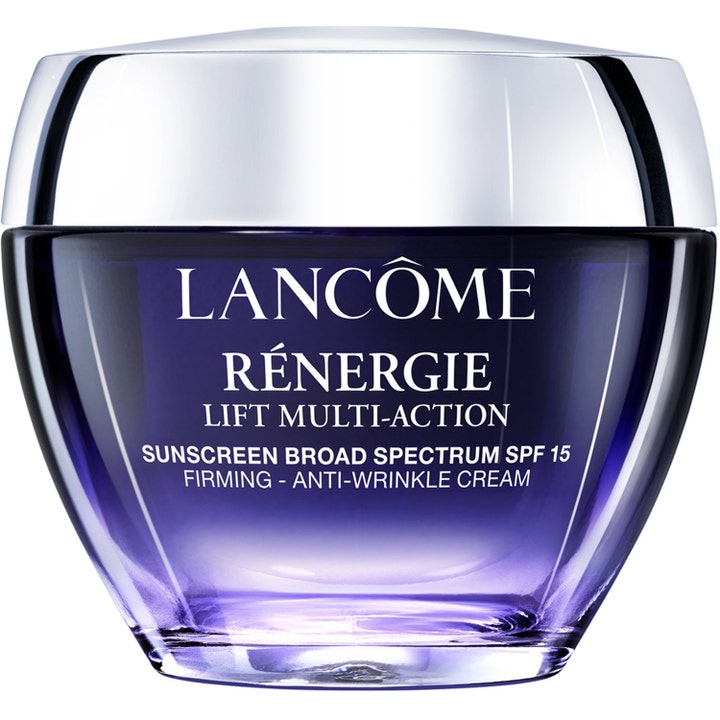 Lancôme Rénergie Lift Multi-Action anti-age dagkräm är en uppstramande ansiktskräm för fast hud i lila glasburk.