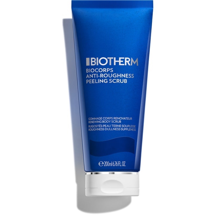 Biotherm Biocorps Anti-Roughness Peeling Scrub 200 ml kroppsskrub som ger mjukare hud i blå plasttub med vitt lock