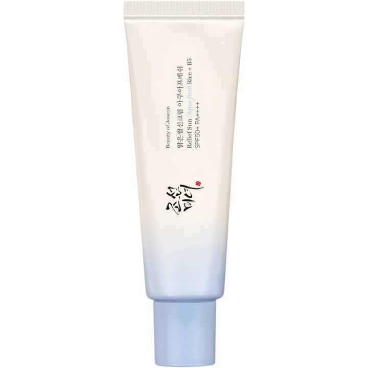 Beauty of Joseon Relief Sun Aqua-fresh Rice + B5 aqua fresh solkräm ansikte med vitamin b5 i vit och ljusblå tub