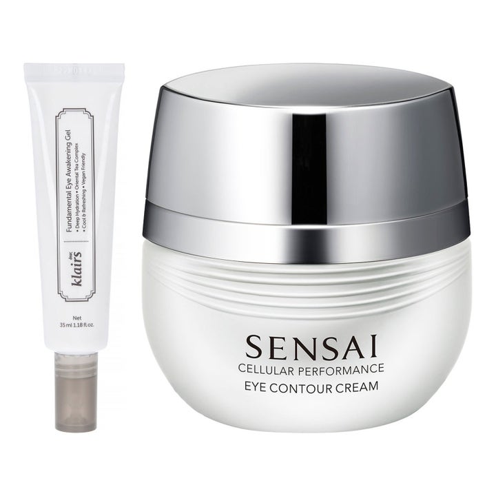 Sensai Eye Contour Cream och Dear, Klairs Eye Gel 35ml som ger lyster i vit tub och lyxig burk med glansigt silverlock.