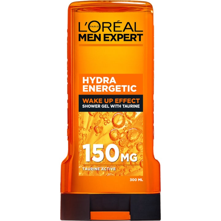 L'Oréal Men Expert Hydra Energetic 300ml uppiggande duschgel i en genomskinlig orange flaska med svart lock.