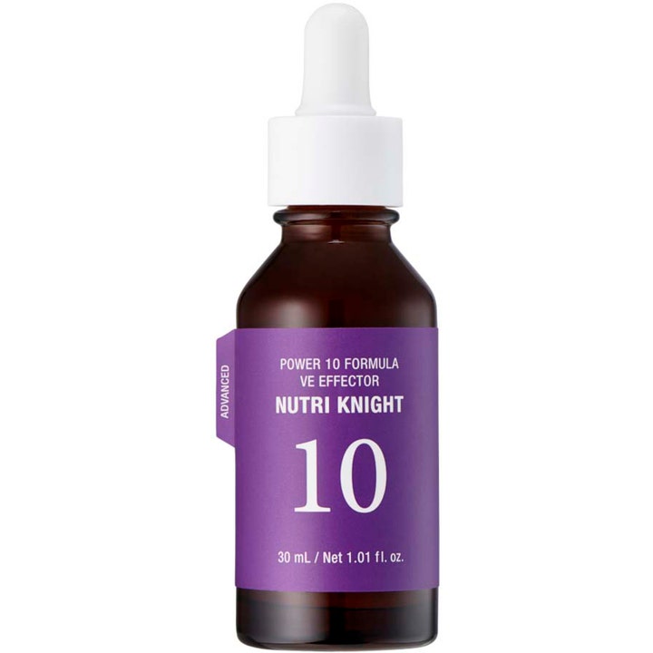 It'S SKIN Power 10 Formula VE Effector 30 ml hudvård med vitamin e dropper i en brun glasflaska med lila etikett.