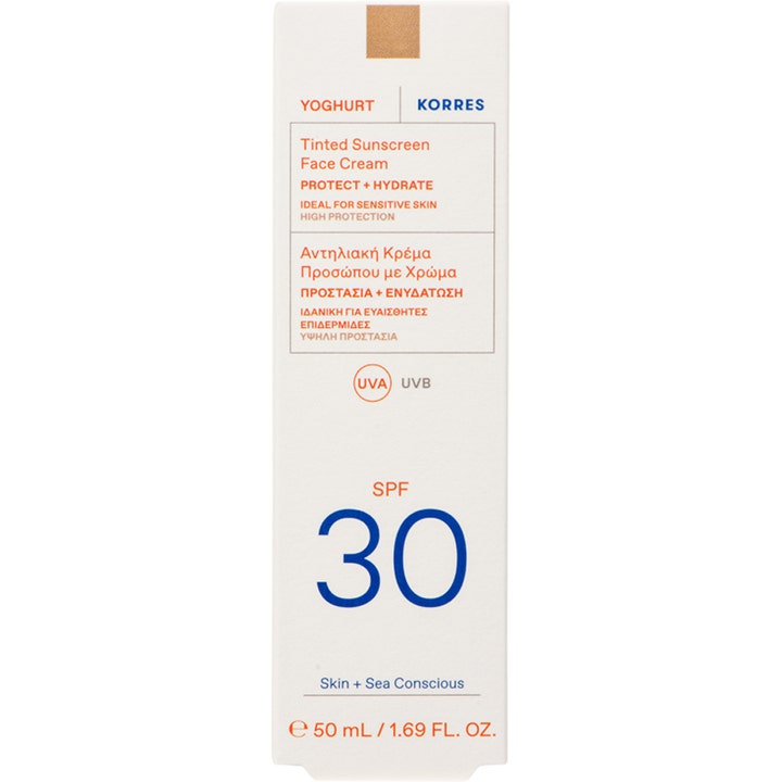 KORRES Yoghurt Tinted Sunscreen Face Cream 50 ml tonad solkräm ansikte spf 30 i vit pappersbox med blå text.