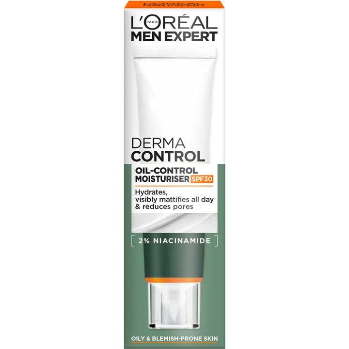 L'Oréal Paris Men Expert Derma Control 40 ml mattande dagkräm med SPF 30 och niacinamid i grönvit ytterförpackning.