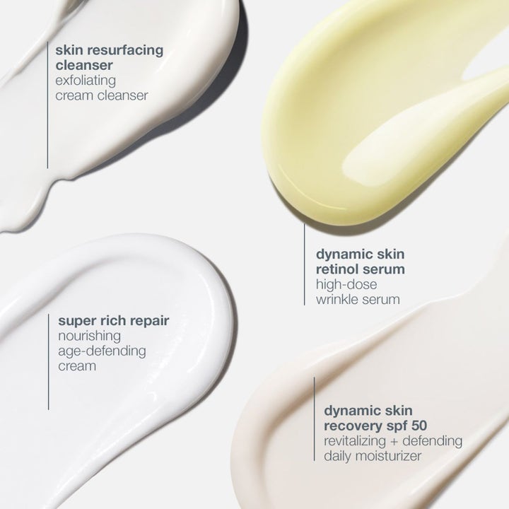 Dermalogica Skin Aging Solutions Duo hudvård med krämiga swatches av rengöring, retinolserum och skyddande dagkräm