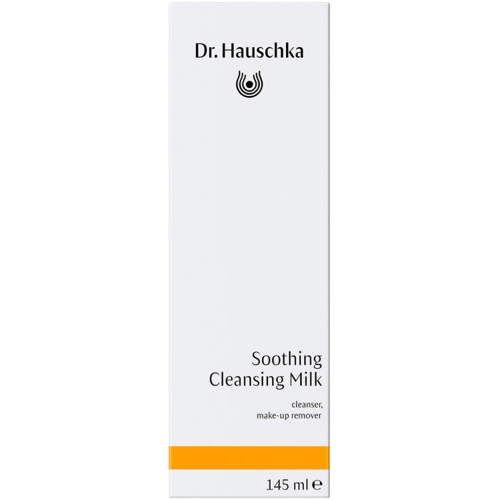 Dr. Hauschka Soothing Cleansing Milk 145 ml lugnande rengöringsmjölk i vit ytterförpackning med orange detalj