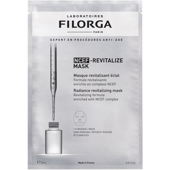 Filorga NCEF-Revitalize Mask 20 ml lystergivande fransk hudföryngring produkt i silverfärgad sachet med pipettmotiv