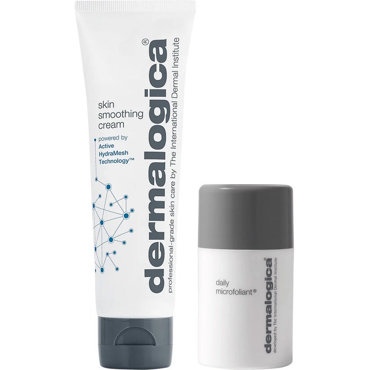 Dermalogica ansiktspeeling och fuktkräm duo med Daily Microfoliant och Skin Smoothing Cream i vita tuber