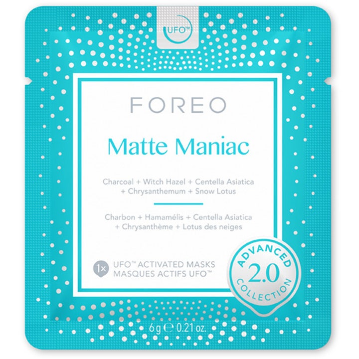 FOREO UFO Matte Maniac 2.0 6-pack lugnande ansiktsmask för UFO-enhet i turkos sachet ger effektiv oil control.
