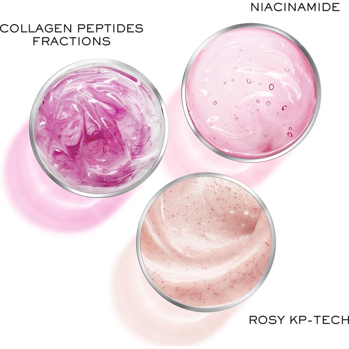 Lancôme Rénergie Multi-Glow 50 ml dagkräm visar tre rosa texturer av niacinamid, kollagenpeptider och rosy kp-tech.