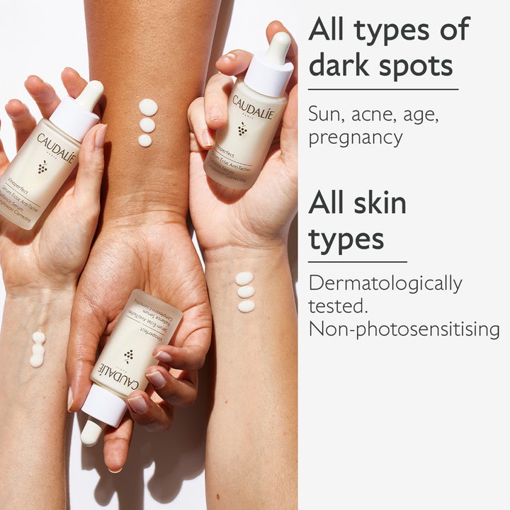 Caudalie Vinoperfect Radiance Serum 30 ml behandling pigmentfläckar visas på olika hudtoner för alla hudtyper.