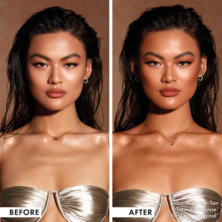 ICONIC London Tanning Mousse 150 ml brun utan sol visar före och efter resultat som ger huden en solkysst lyster.