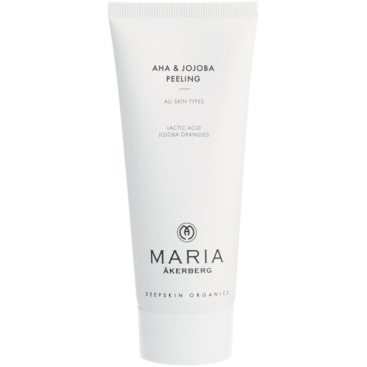 Maria Åkerberg AHA & Jojoba Peeling ansiktsskrubb med AHA i en vit tub som ger lyster till huden.