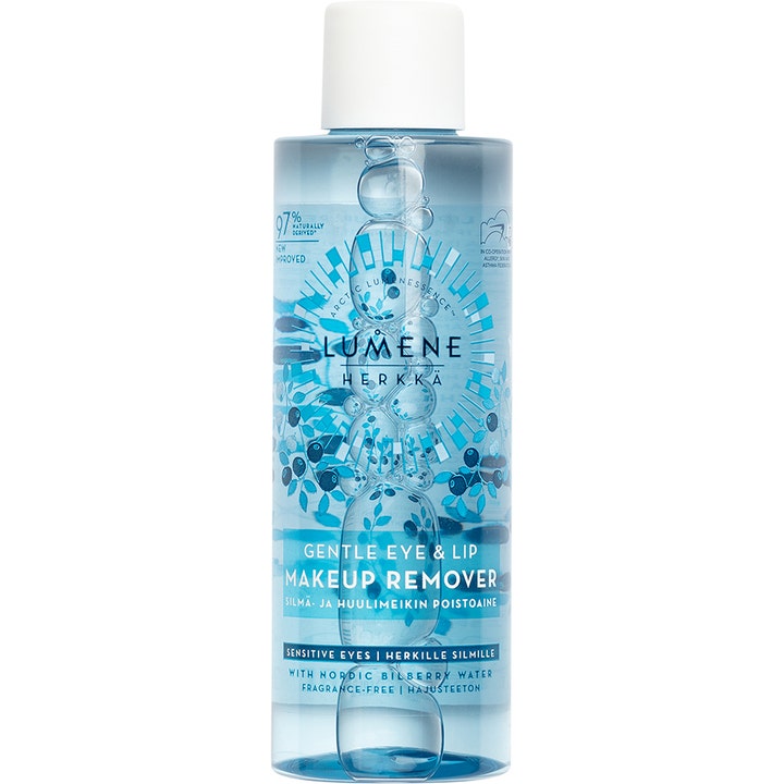 Lumene Herkkä Gentle Eye & Lip Makeup Remover parfymfri blåbär ögonsminkborttagning i flaska med vitt lock.