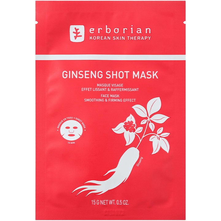 Erborian Ginseng Shot Mask 15 g är en ansiktsmask med ginseng för fastare hud i en röd sachet med vit illustration.
