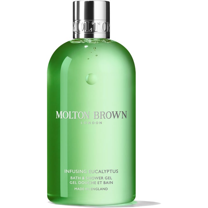 Molton Brown Infusing Eucalyptus 300ml lyxig duschgel aromatisk i genomskinlig flaska med grön gel och silverlock