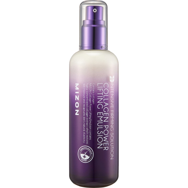 Mizon Collagen Power Lifting Emulsion 120 ml dermatologiskt testad kollagen emulsion i en lila tonad pumpflaska