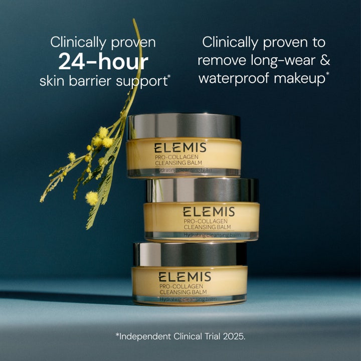 Elemis Pro-Collagen Cleansing Balm 100 g ansiktsrengöring balm kollagen i staplade burkar med gula blommor.