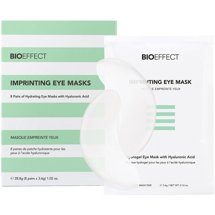 Bioeffect Imprinting Eye Masks 8 par gel ögonmask med hyaluronsyra har genomskinliga patches och grönvitrandig ask.