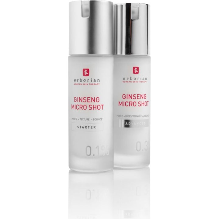 Erborian Ginseng Micro Shot 0.1 Starter 30 ml utjämnande serum i frostade pumpflaskor med silverlock för ökad spänst.