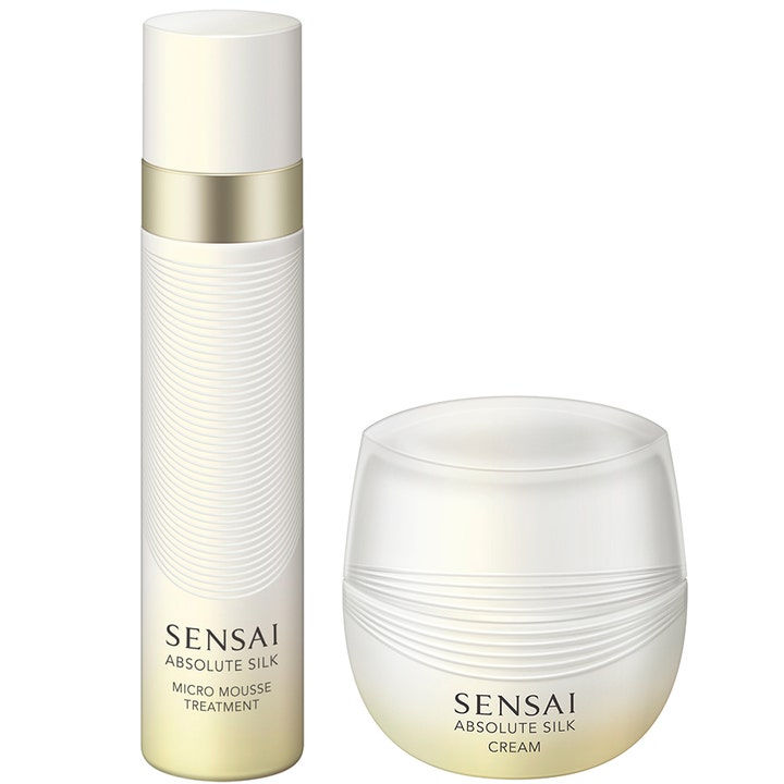 Sensai Absolute Silk Micro Mousse Treatment och Cream anti age med mikroskum i vit flaska och rundad burk